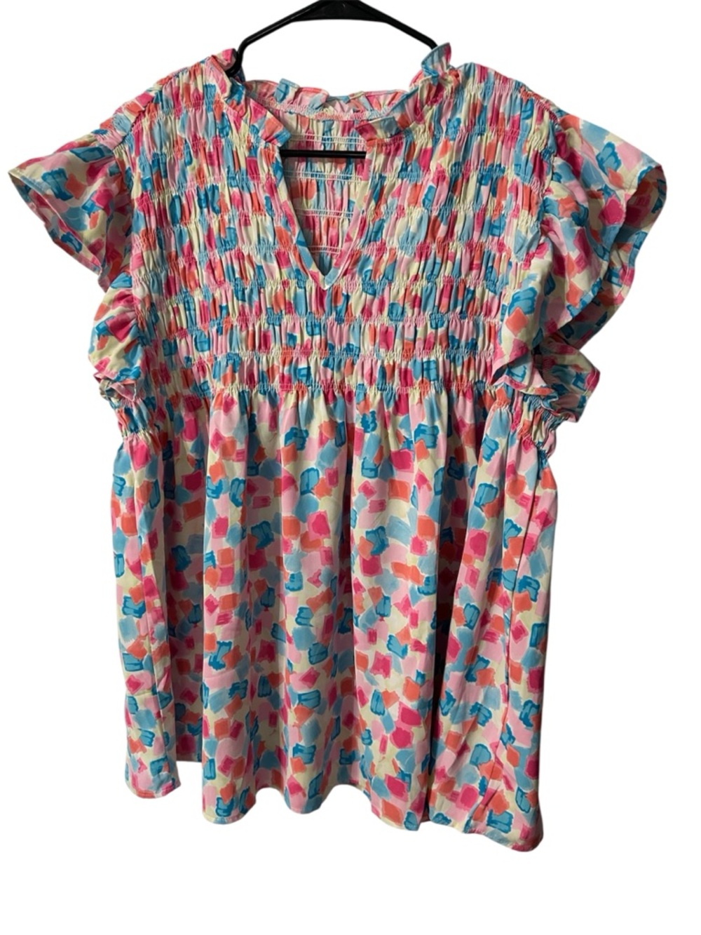 Women’s Watercolor Abstract Smocked Peplum Blouse | Pastel Boho Ruffle Sleeve